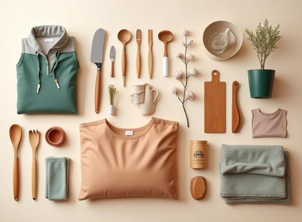 Collection of Aakriti Living products including clothing, kitchen tools, and decorative items.