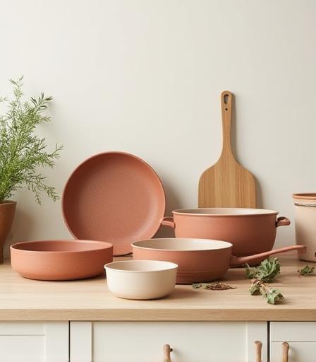 Arrangement of elegant kitchenware and utensils.
